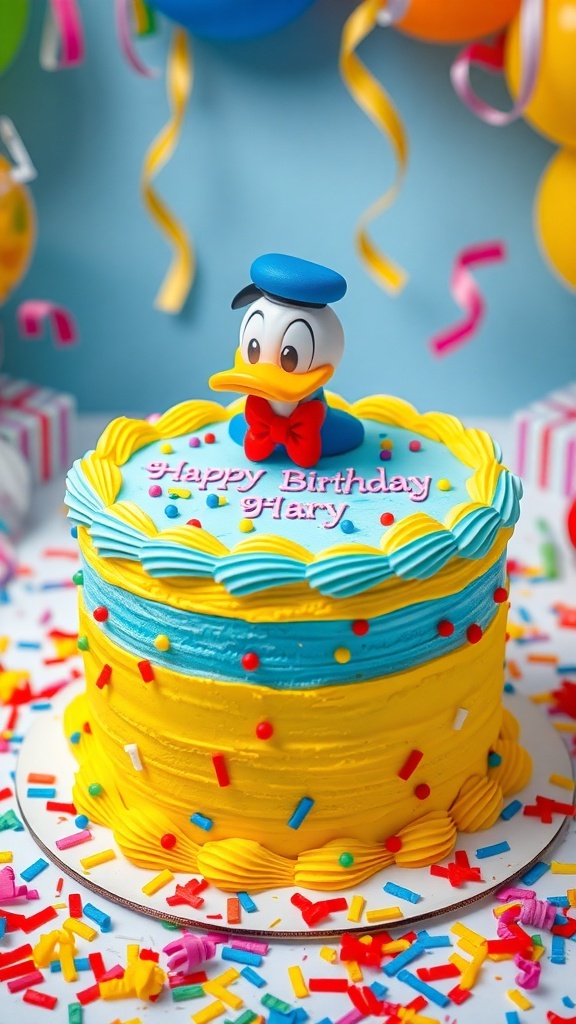 A colorful birthday cake inspired by Donald Duck, decorated with buttercream frosting and a cake topper, set in a festive party scene.